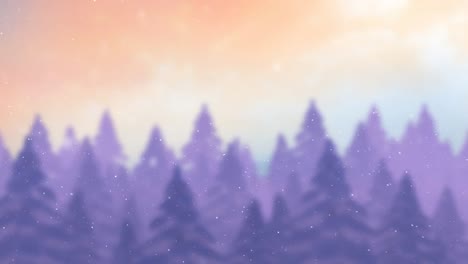 Animation-of-snow-falling-over-fir-trees-in-yellow-and-purple
