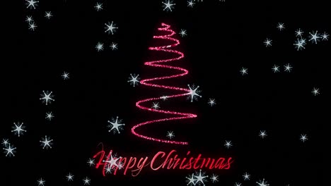 Animation-od-snow-falling-over-happy-christmas-text-and-neon-christmas-tree-on-black-background