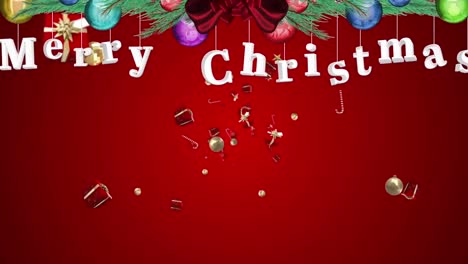 Animation-of-falling-gifts-and-candy-canes-over-merry-christmas-text-and-fir-tree-branches