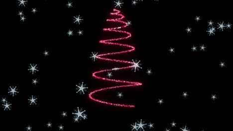 Animation-Von-Schnee,-Der-über-Einen-Neonfarbenen-Weihnachtsbaum-Auf-Schwarzem-Hintergrund-Fällt
