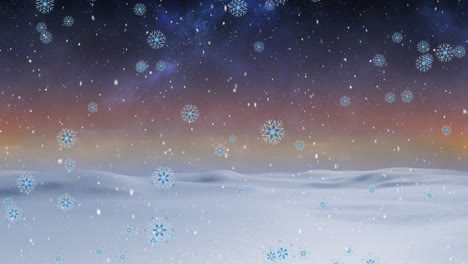 Animation-of-snow-falling-over-winter-landscape-and-northern-lights