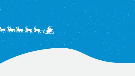 Animation-of-santa-claus-in-sleigh-with-reindeer-and-snow-falling-on-blue-background