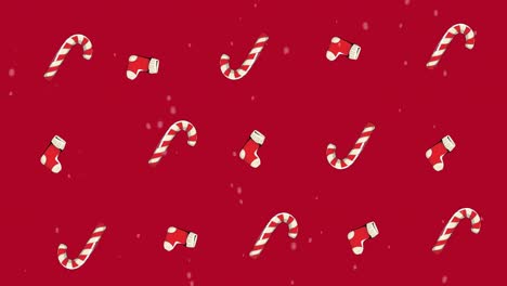 Animation-of-multiple-sock-and-candy-cane-on-red-background