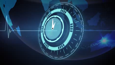 Animation-Einer-Uhr-über-Einem-Sich-Drehenden-Globus-Und-Einem-Herzfrequenzmesser