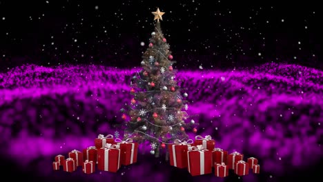 Animation-of-christmas-tree-over-moving-glowing-wave-of-purple-dots-on-dark-background