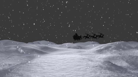 Animation-Des-Weihnachtsmanns-Im-Schlitten-Mit-Rentieren-über-Schnee,-Der-Auf-Die-Winterlandschaft-Fällt