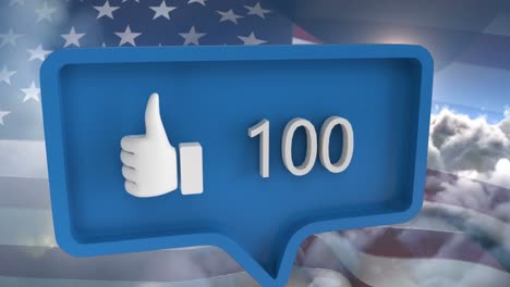 Animation-of-like-icon-with-numbers-on-speech-bubble-with-flag-of-usa