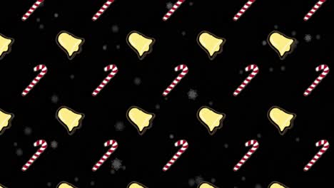 Animation-of-multiple-bells-and-candy-cane-on-black-background