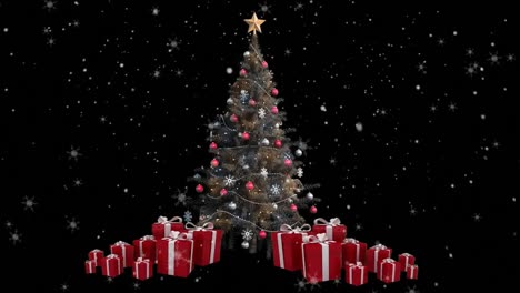 Animation-of-snow-falling-over-christmas-tree-and-presents-on-black-background