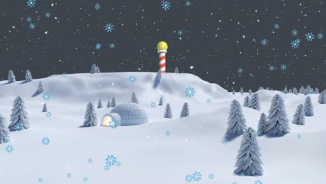Animation-of-snow-falling-over-igloo-in-winter-landscape