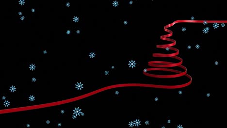 Animation-of-red-line-making-shape-of-christmas-tree-over-snow-falling-on-black-background