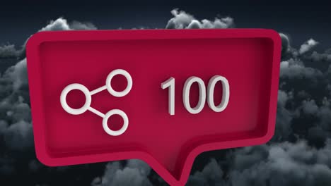 Animation-of-share-icon-with-numbers-on-speech-bubble-over-sky-and-clouds
