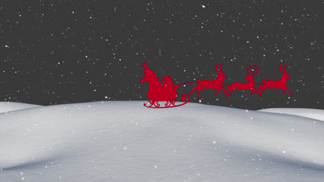 Animation-Des-Weihnachtsmanns-Im-Schlitten-Mit-Rentieren-über-Schnee,-Der-Auf-Die-Winterlandschaft-Fällt