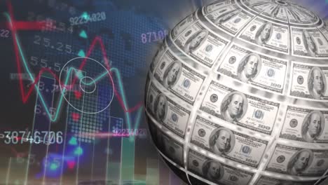 Animation-of-american-dollar-banknotes-globe-spinning-over-heart-rate-monitor-and-world-map