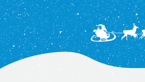Animation-of-snow-falling-over-santa-claus-in-sleigh-with-reindeer-on-blue-and-white