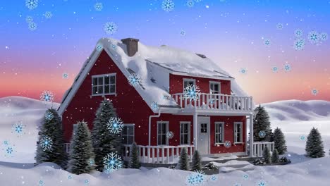 Animación-De-Nieve-Cayendo-Sobre-Una-Casa-En-Un-Paisaje-Invernal.