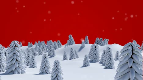 Animation-of-snow-falling-over-fir-trees-on-red-background