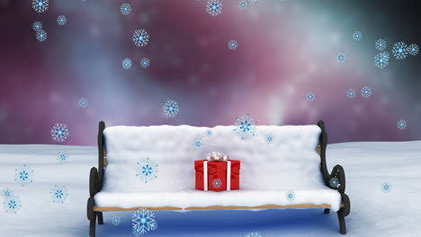 Animation-of-snow-falling-over-bench-in-winter-scenery