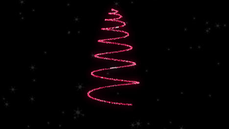 Animation-Von-Schnee,-Der-über-Einen-Neonfarbenen-Weihnachtsbaum-Auf-Schwarzem-Hintergrund-Fällt