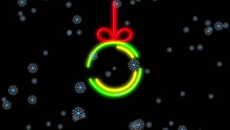Animation-Von-Schnee,-Der-über-Neon-Weihnachtsdekoration-Auf-Schwarzem-Hintergrund-Fällt