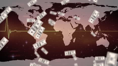 Animación-De-Billetes-De-Dólares-Americanos-Flotando-Sobre-El-Monitor-De-Frecuencia-Cardíaca-Y-El-Mapa-Mundial