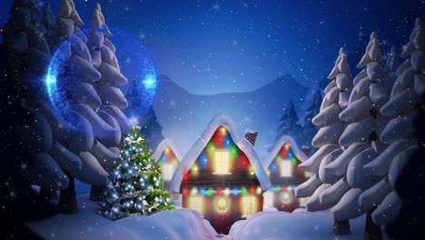 Animation-of-snow-falling-over-christmas-house-and-winter-landscape