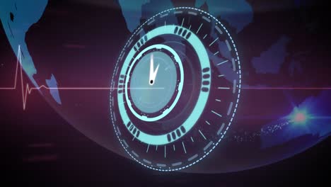 Animation-of-clock-over-spinning-globe-and-heart-rate-monitor
