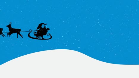 Animation-Von-Schnee,-Der-über-Den-Weihnachtsmann-Im-Schlitten-Mit-Rentieren-Auf-Blau-Und-Weiß-Fällt