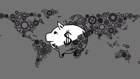 Animation-of-piggy-bank-over-world-map-made-of-moving-gears-on-grey-background