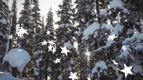 Animation-Von-Sternen-Und-Schnee,-Der-über-Die-Winterlandschaft-Fällt