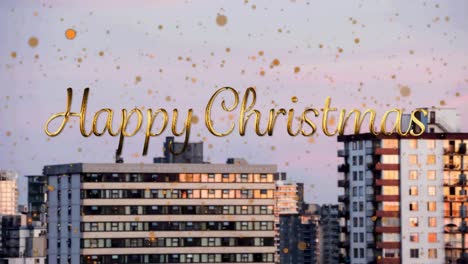Animation-of-happy-christmas-text-with-orange-spots-falling-over-cityscape-background