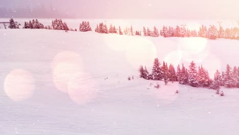 Animation-of-glowing-spots-of-light-over-snow-falling-and-winter-landscape