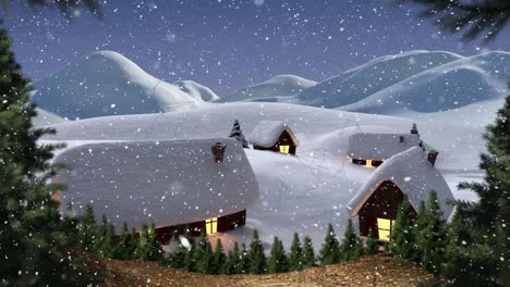 Animation-of-snowflakes-falling-over-houses-in-winter-landscape