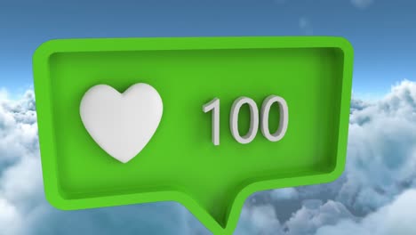 Animation-of-heart-icon-with-numbers-on-speech-bubble-over-sky-and-clouds