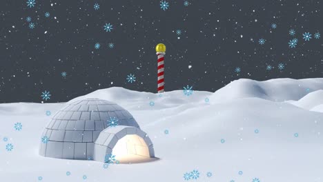 Animation-of-snow-falling-over-igloo-in-winter-landscape