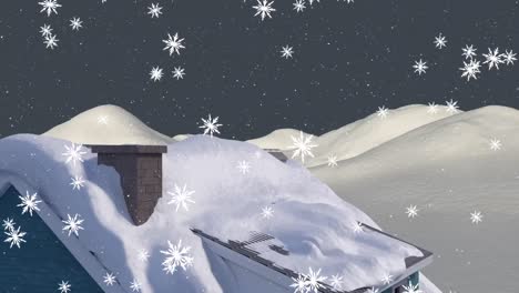 Animation-of-snow-falling-over-house-roof-in-winter-landscape