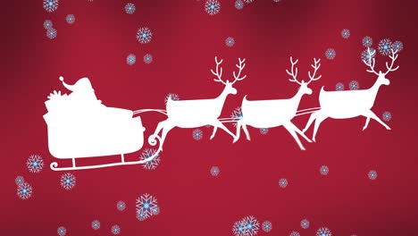 Animation-Des-Weihnachtsmanns-Im-Schlitten-Mit-Rentieren-über-Schnee,-Der-Auf-Roten-Hintergrund-Fällt