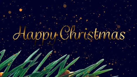 Animation-of-christmas-greetings-over-glowing-spots-flying-on-black-background