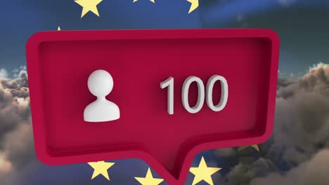 Animation-of-people-icon-with-numbers-on-speech-bubble-with-european-union-flag