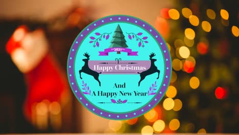 Animation-of-christmas-greetings-on-tag-over-christmas-decorations