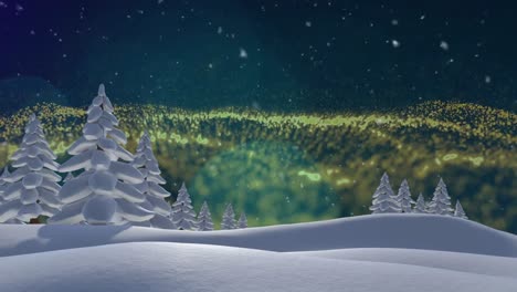 Animation-of-snow-and-glitter-falling-in-winter-landscape