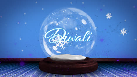 Animation-of-diwali-text-in-snow-globe-with-shooting-star-and-snow-falling