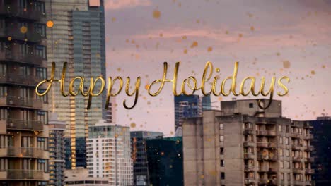 Animation-of-happy-holidays-text-with-orange-spots-falling-over-cityscape-background
