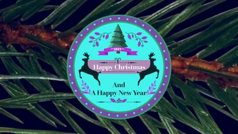 Animation-of-christmas-greetings-on-tag-over-fir-twig