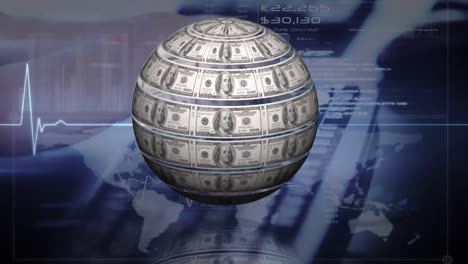 Animation-of-american-dollar-banknotes-globe-spinning-over-heart-rate-monitor-and-world-map