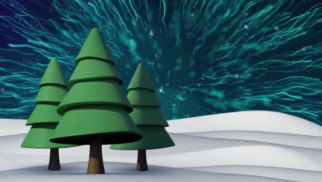 Animation-Von-Feuerwerk-Und-Schnee,-Der-In-Einer-Digitalen-Winterlandschaft-Fällt