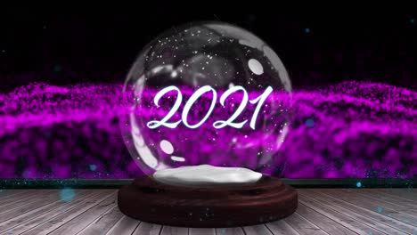 Animation-of-2021-in-snow-globe-with-shooting-star-and-purple-mesh