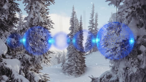 Animation-of-blue-christmas-baubles-over-fir-trees-in-winter-scenery