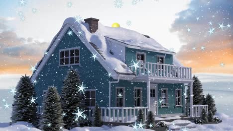 Animation-Von-Schnee,-Der-über-Das-Haus-In-Der-Winterlandschaft-Fällt