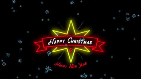 Animation-od-snow-falling-over-neon-christmas-decoration-with-happy-christmas-text-on-black